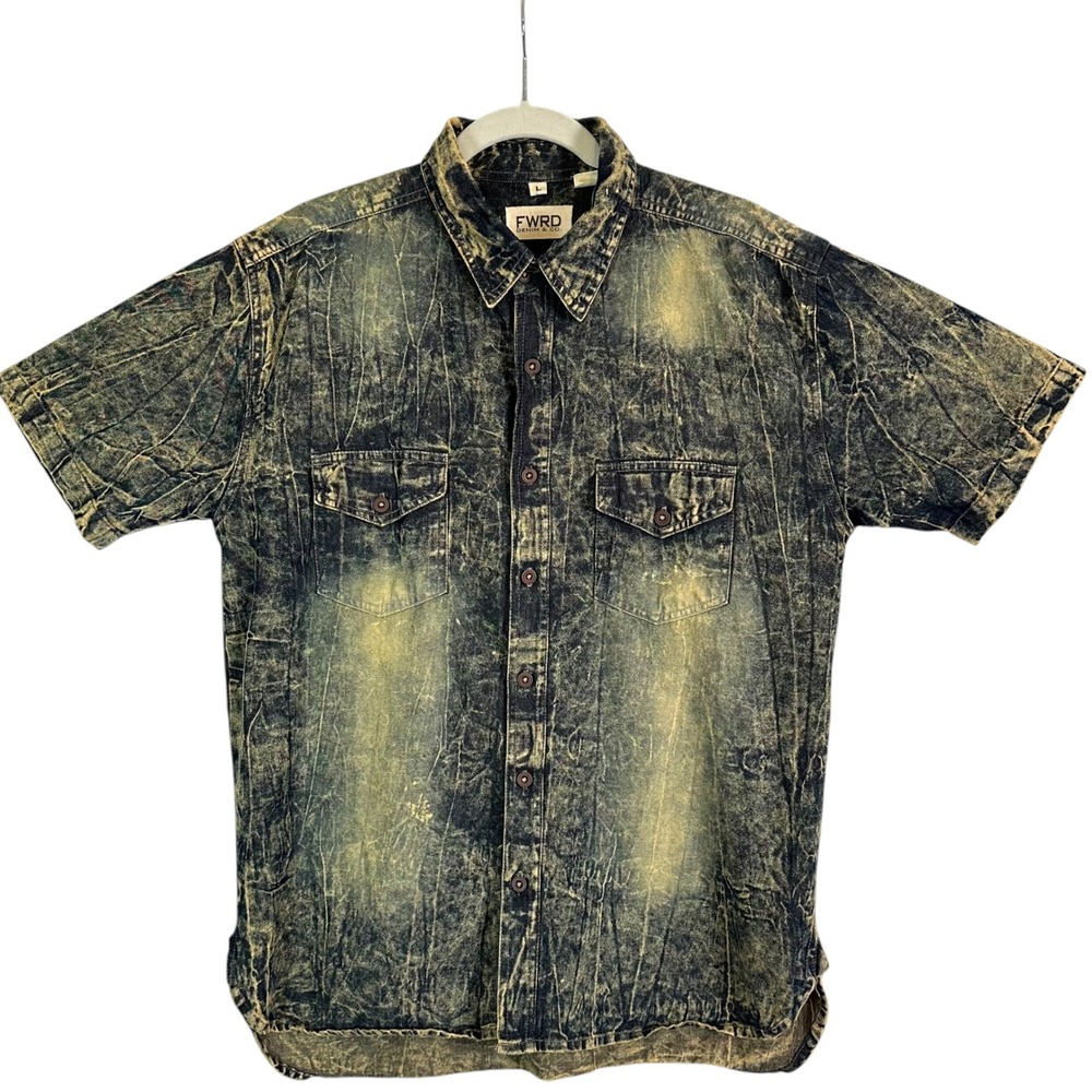 FWRD Denim Co Shirt‎ Acid Wash Short Sleeve Button Up Yellow Blue L Streetwear